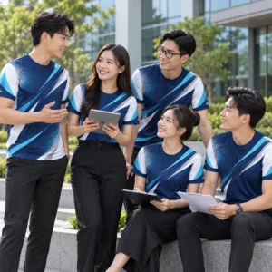 Mẫu áo thun công ty in chuyển nhiệt Corporate Motion - tập thể mặc thực tế