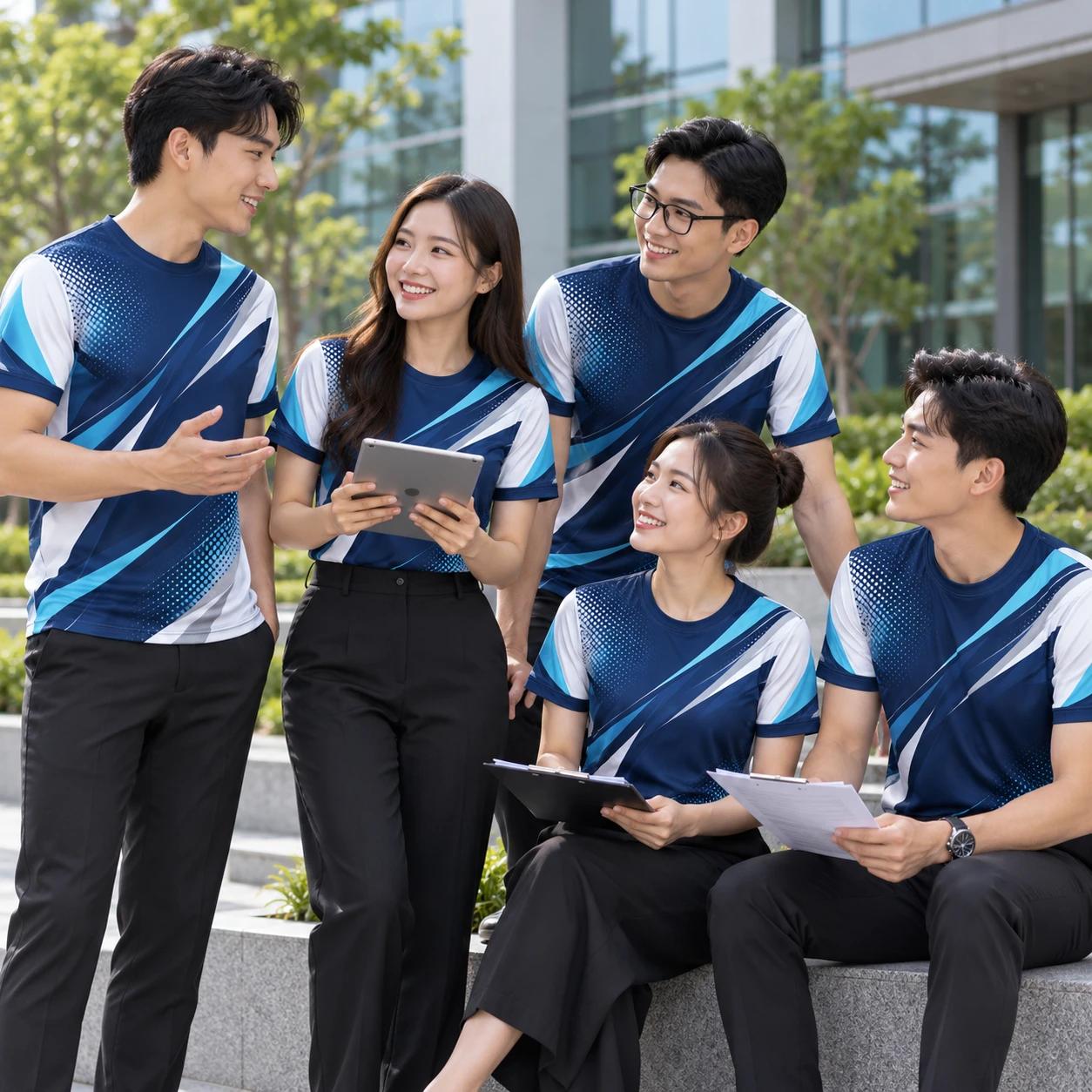 Mẫu áo thun công ty in chuyển nhiệt Corporate Motion - tập thể mặc thực tế Mẫu áo thun công ty in chuyển nhiệt Corporate Motion - tập thể mặc thực tế