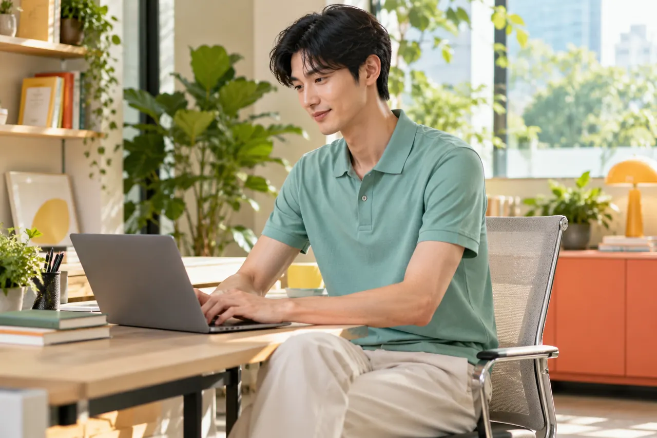 Người cao gầy ngồi làm việc trong áo polo