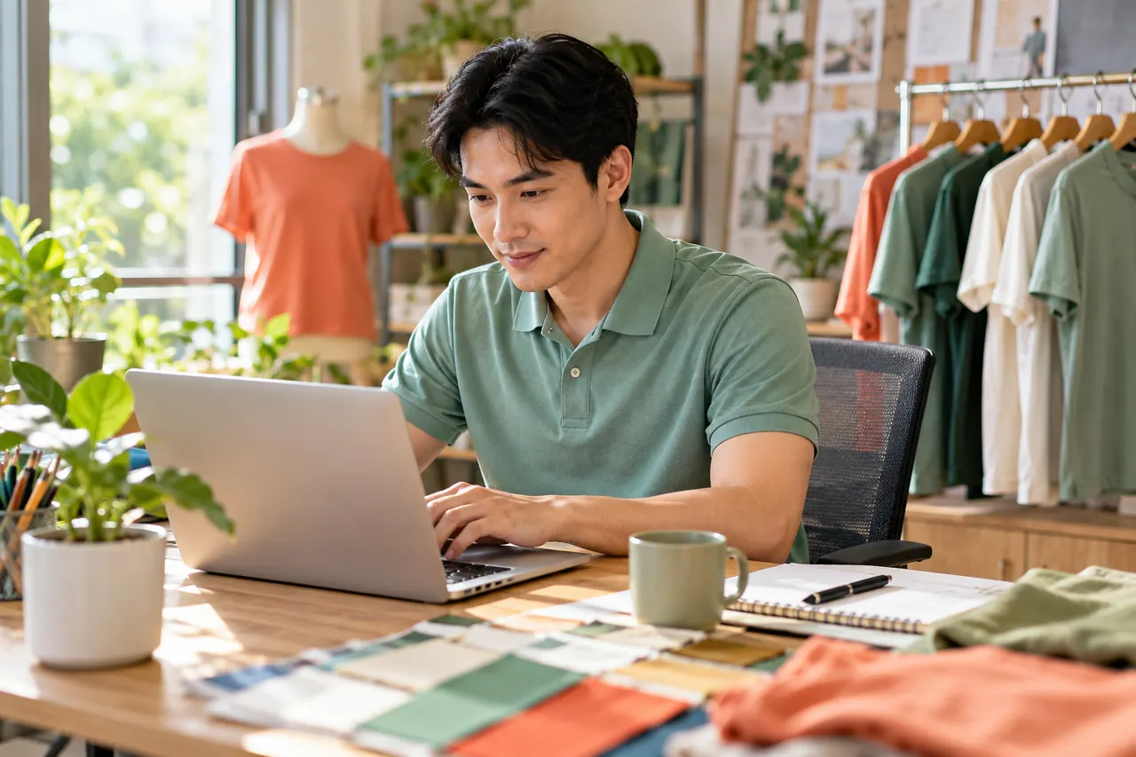 Người mặc áo cotton ngồi làm việc