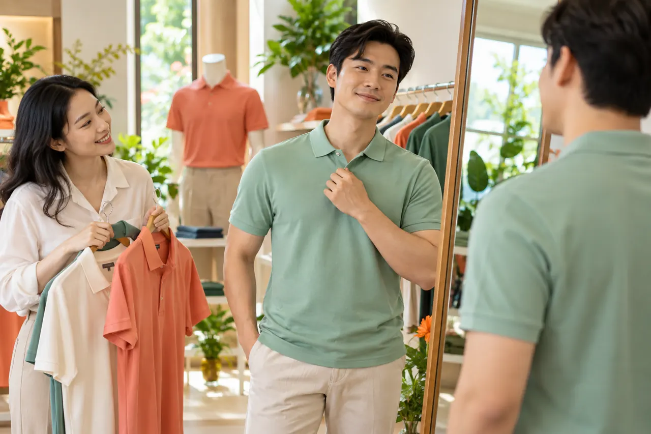 Người mặc áo mẫu xem gương