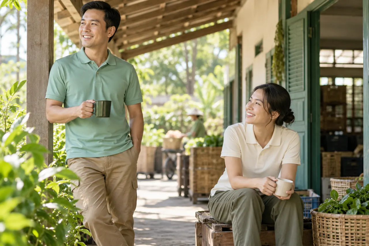 Người mặc áo polo nghỉ dưới mái hiên