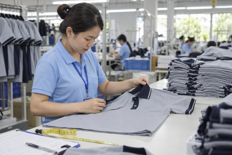Nhân viên QC kiểm tra áo đồng phục thành phẩm