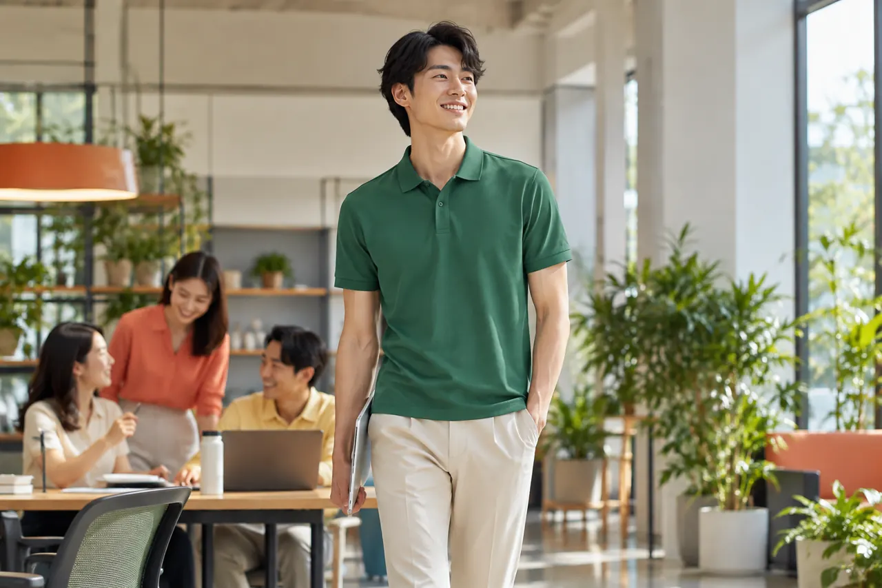 Nhân viên cao trong áo polo màu xanh lá