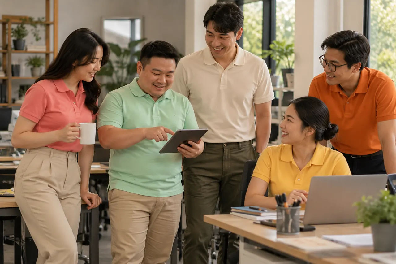 Nhân viên dáng thấp mặc áo polo gọn gàng