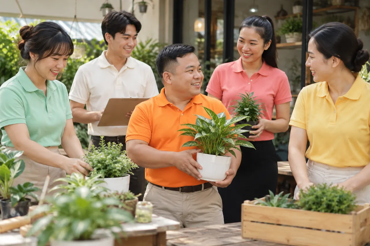 Nhân viên dáng thấp mặc polo màu cam