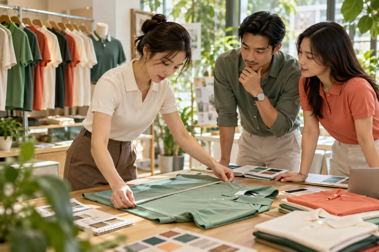 Nhân viên đo áo mẫu trên bàn