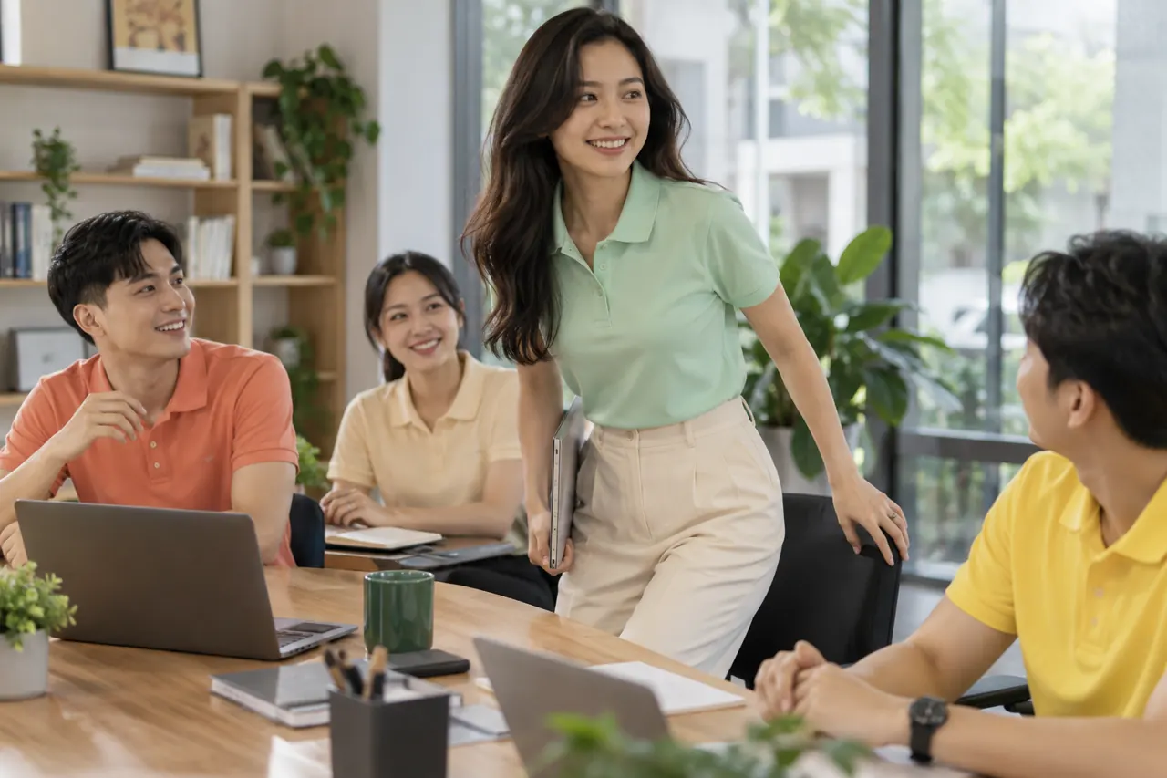 Nhân viên đứng dậy sau khi ngồi với áo polo