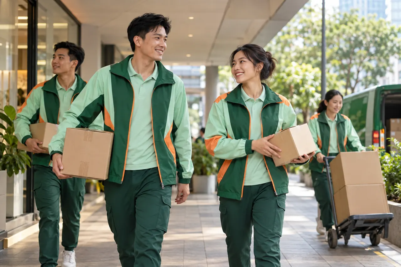 Nhân viên giao nhận đi bộ dưới mái hiên