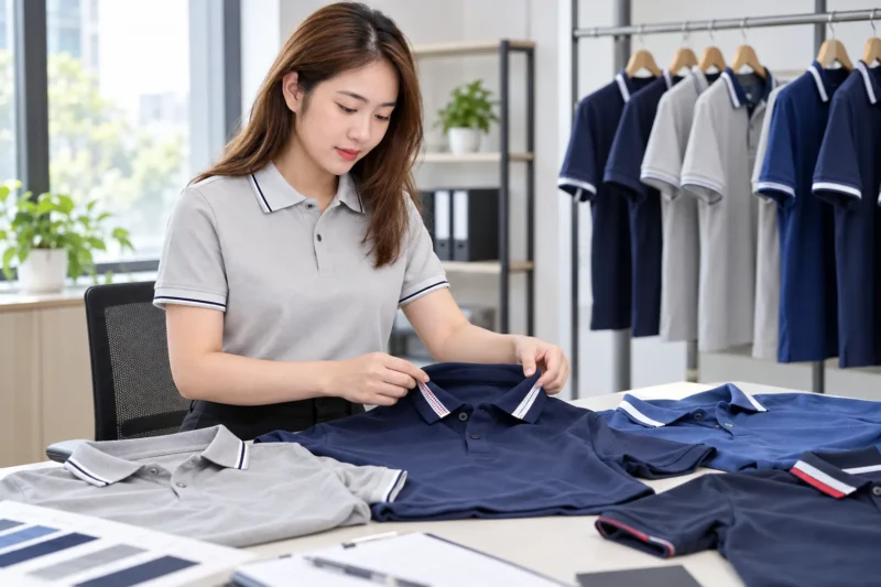 Nhân viên kiểm tra màu áo form áo và logo trước khi thay đồng phục công ty