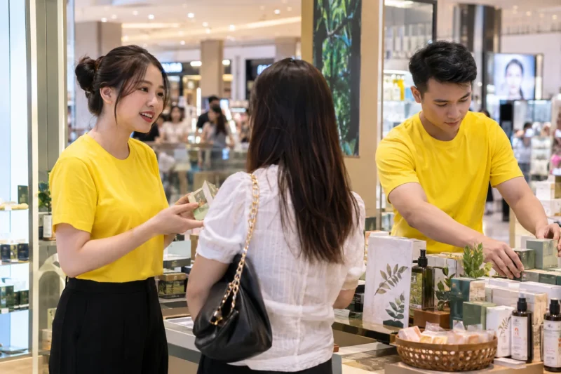 Nhân viên mặc áo đồng phục quảng cáo tại điểm bán