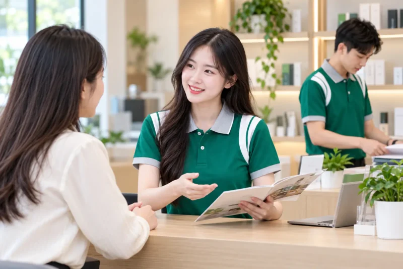 Nhân viên mặc áo polo đồng phục chỉn chu tại nơi làm việc