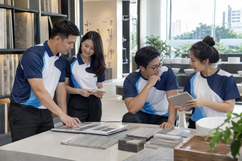 Nhân viên mặc đồng phục công ty in chuyển nhiệt trong công việc