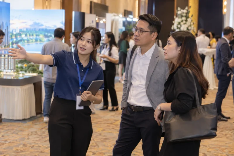 Nhân viên mặc đồng phục sự kiện hỗ trợ khách tham dự