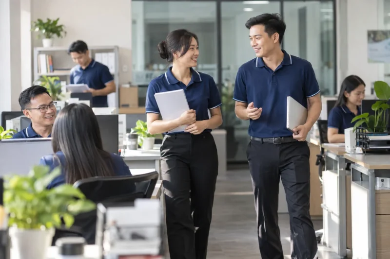 Nhân viên mặc đồng phục thoải mái trong môi trường làm việc