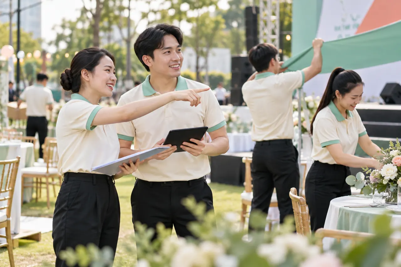 Nhân viên mặc polo trong sự kiện ngoài trời
