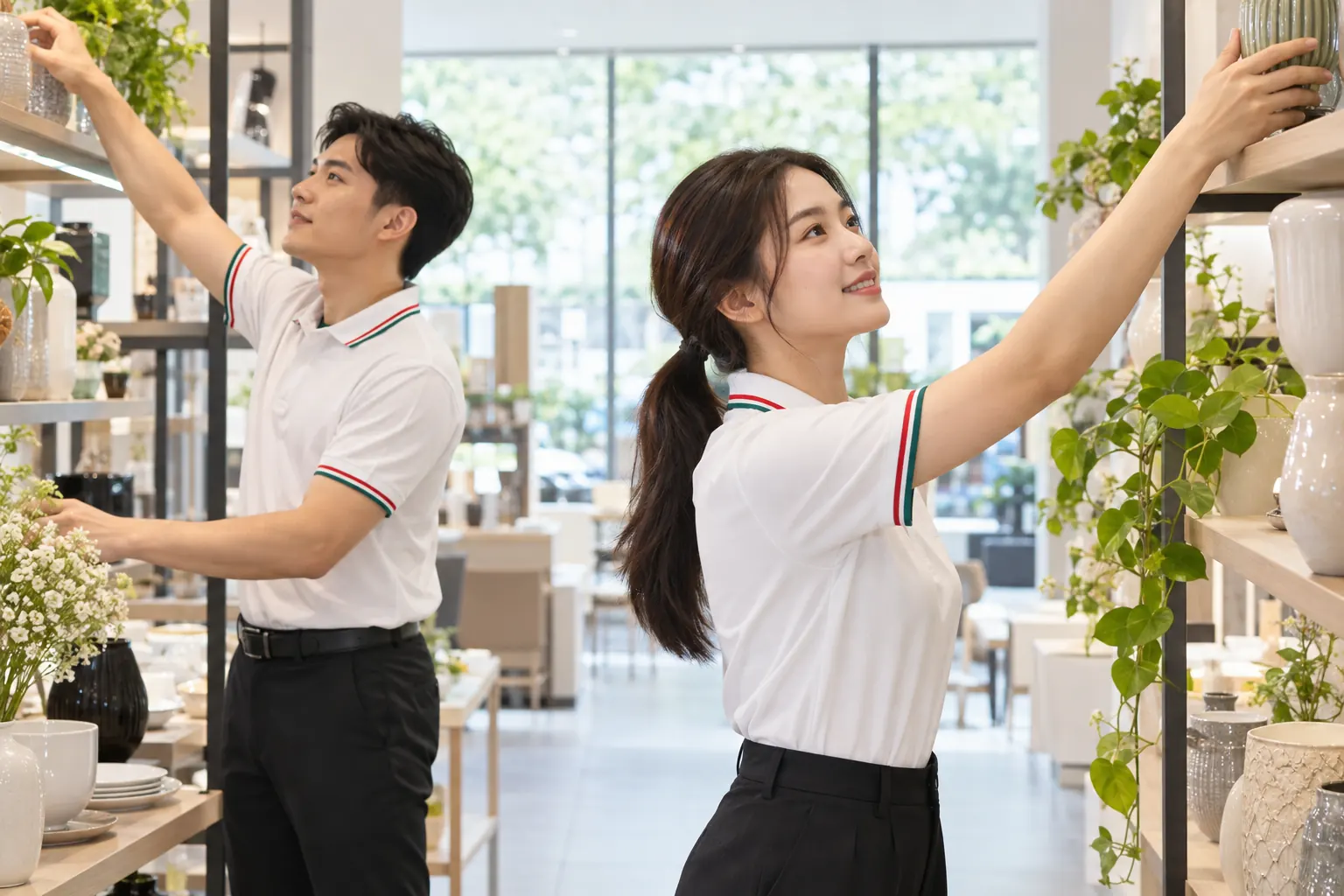 Nhân viên nam nữ thử áo polo khi vận động