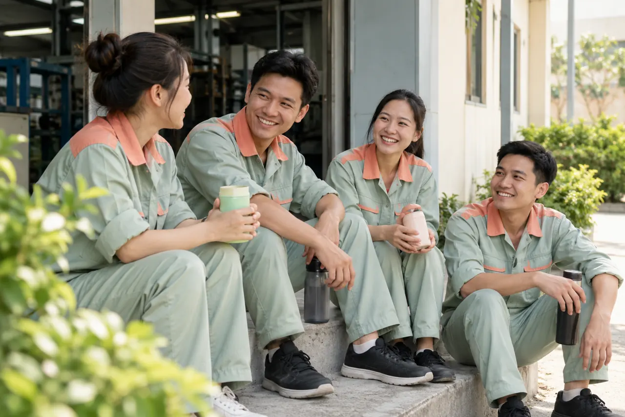 Nhân viên ngồi nghỉ sau ca làm việc