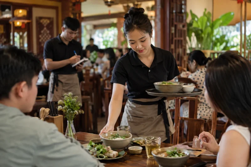 Nhân viên nhà hàng mặc đồng phục khi phục vụ khách