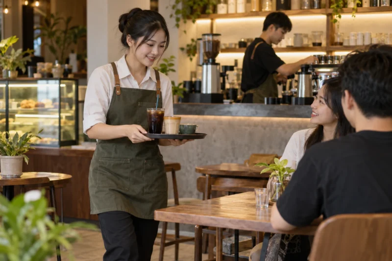 Nhân viên quán cafe mặc đồng phục khi phục vụ khách