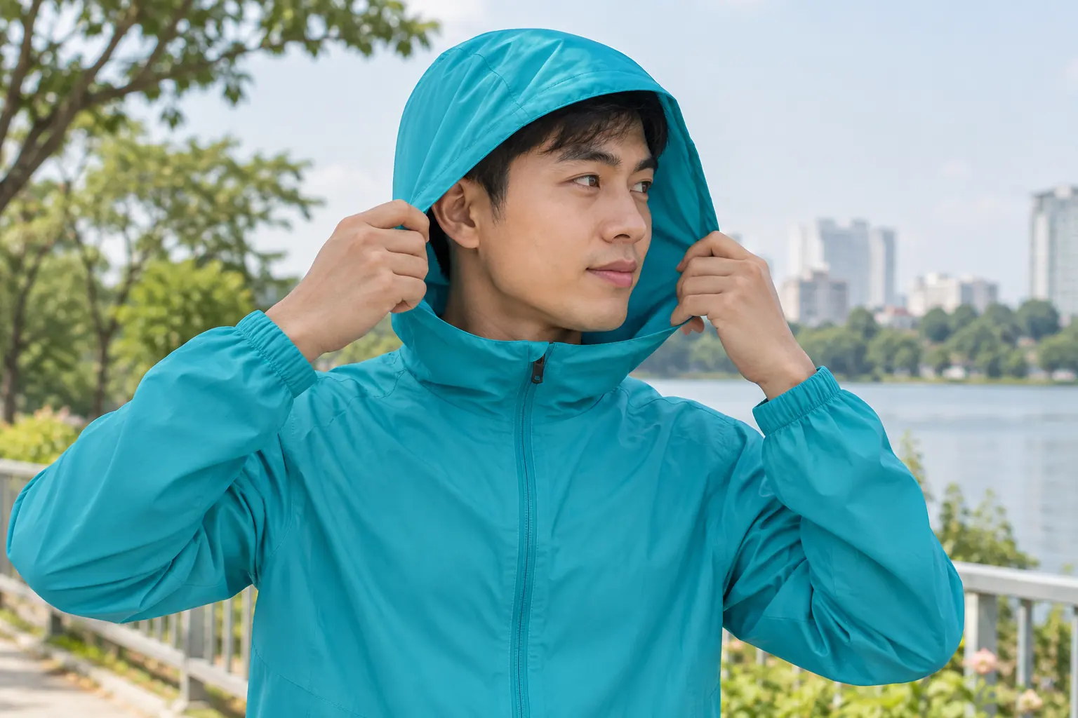 Nhân viên thử áo gió có mũ khi quay đầu