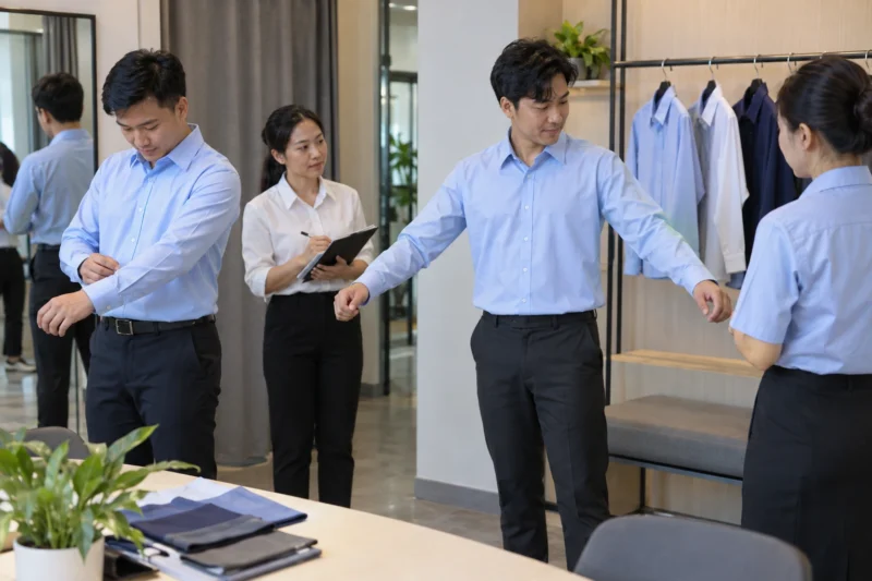 Nhân viên thử áo mẫu để chọn form và size