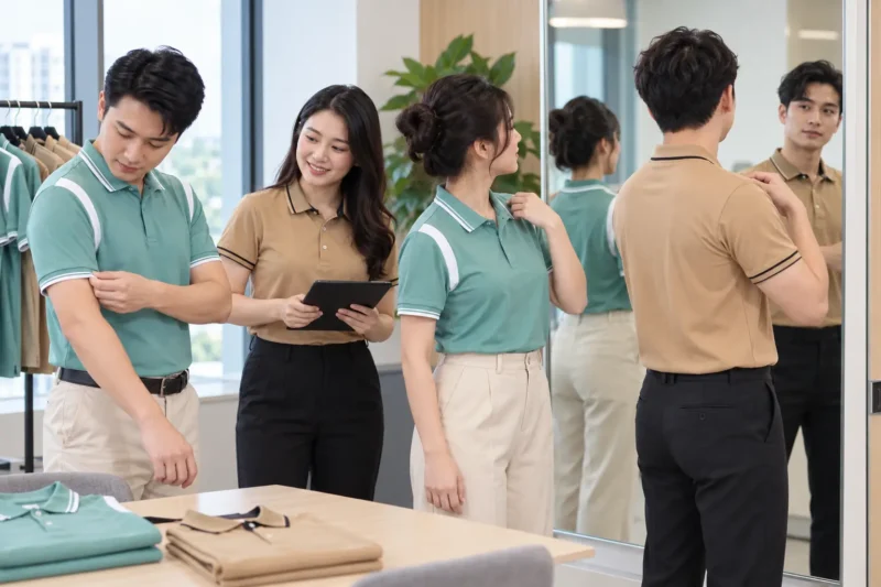 Nhân viên thử mẫu áo polo đồng phục trước khi sản xuất