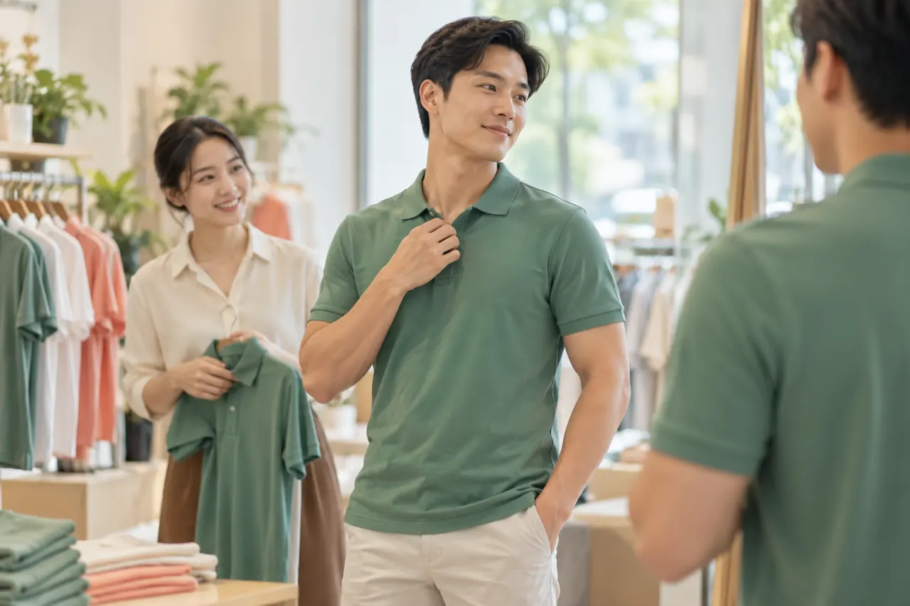 Nhân viên thử size áo polo màu xanh lá