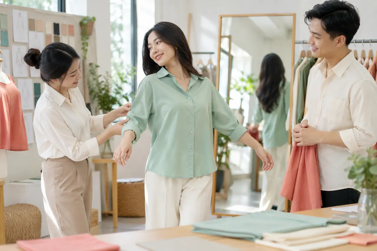 Nhân viên thử vận động với áo mẫu