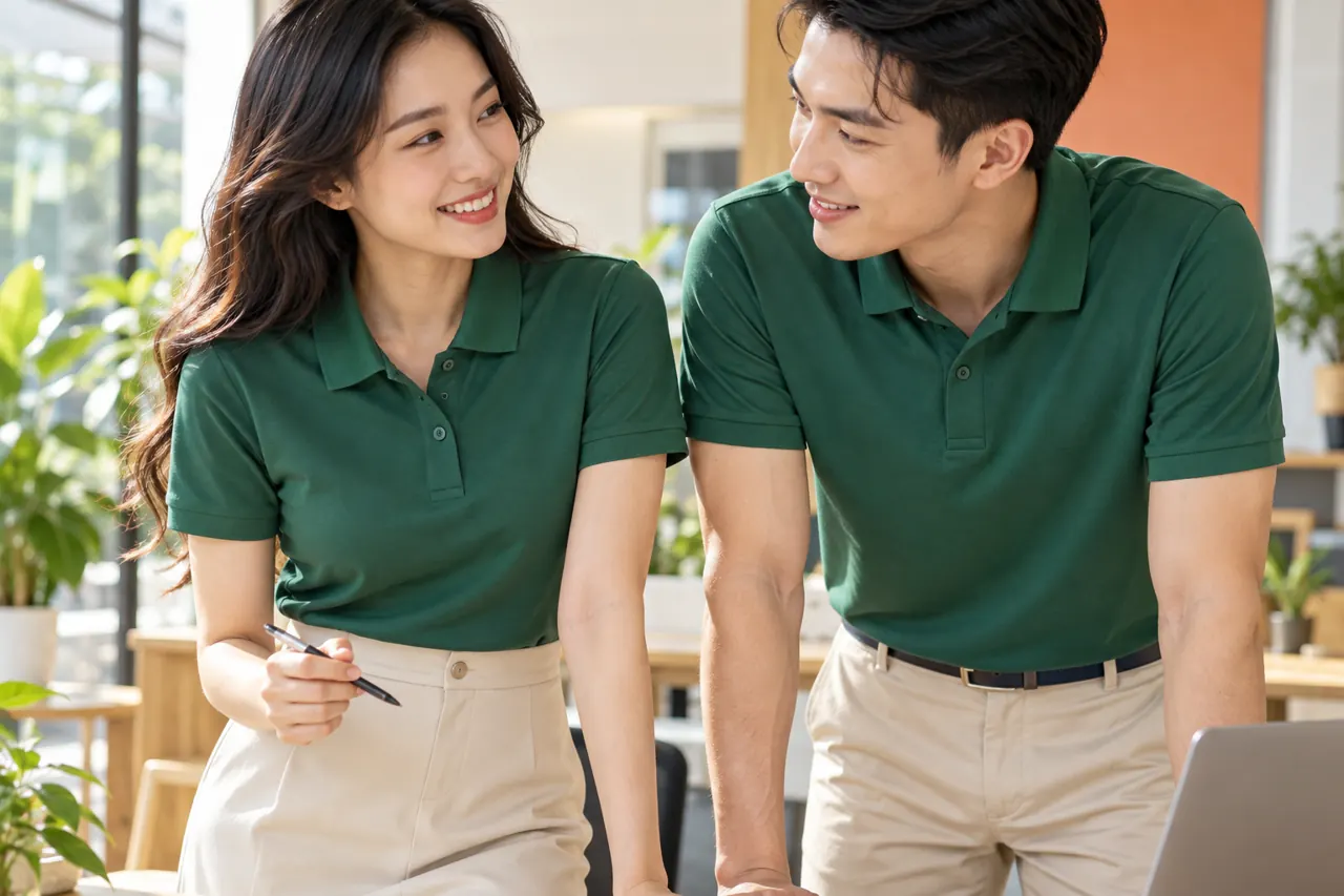 Nhân viên trong hai form polo cùng màu