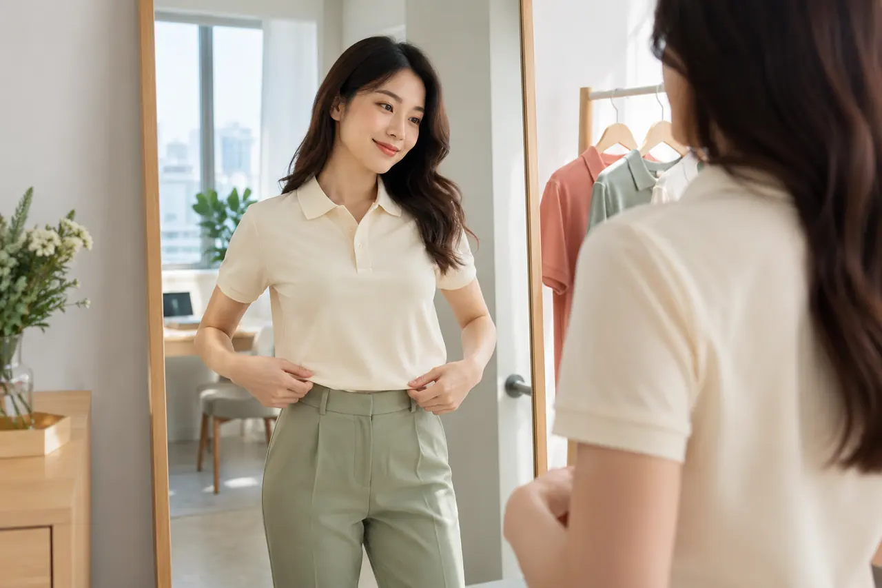 Nhân viên văn phòng thử áo polo màu kem