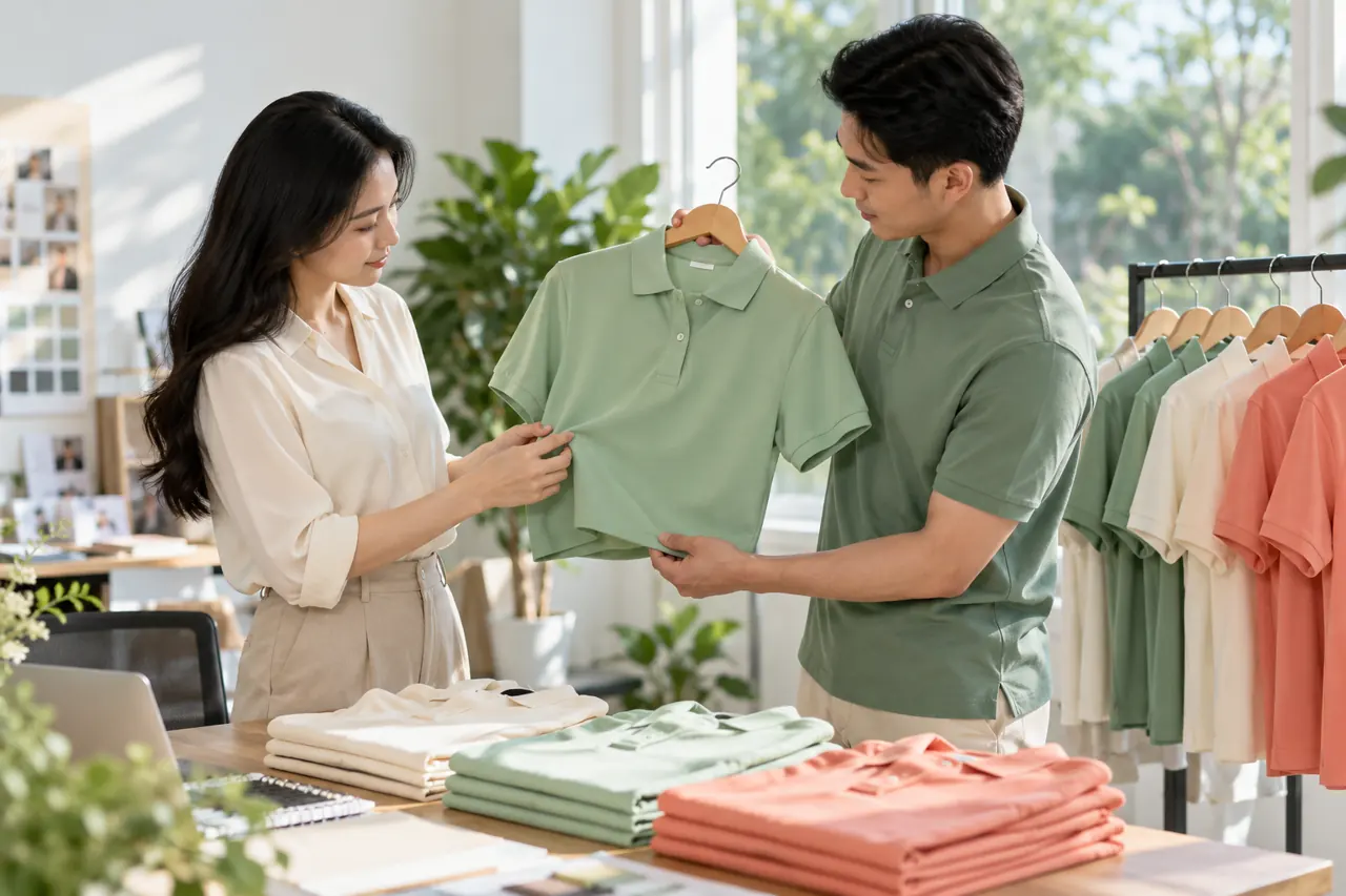 Nhân viên xem áo polo mẫu dưới ánh sáng tự nhiên