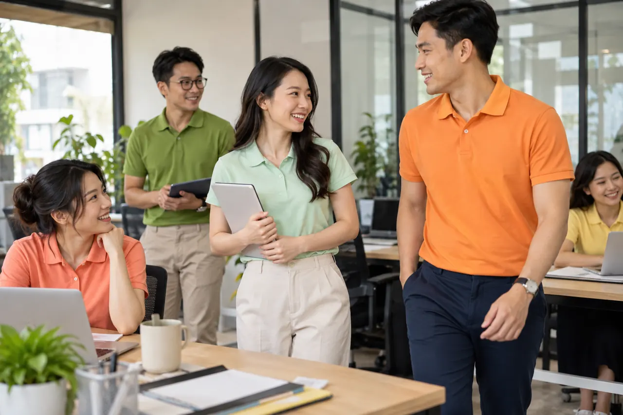 Nhóm mặc áo mint và cam trong văn phòng