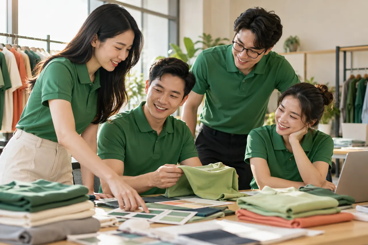 Nhóm mặc polo màu xanh lá tự nhiên