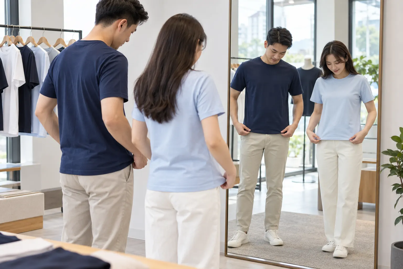 Nhóm người thử độ dài áo thun trước gương