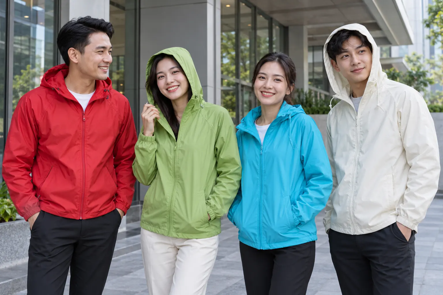 Nhóm nhân viên mặc áo gió đồng phục nhiều kiểu mũ