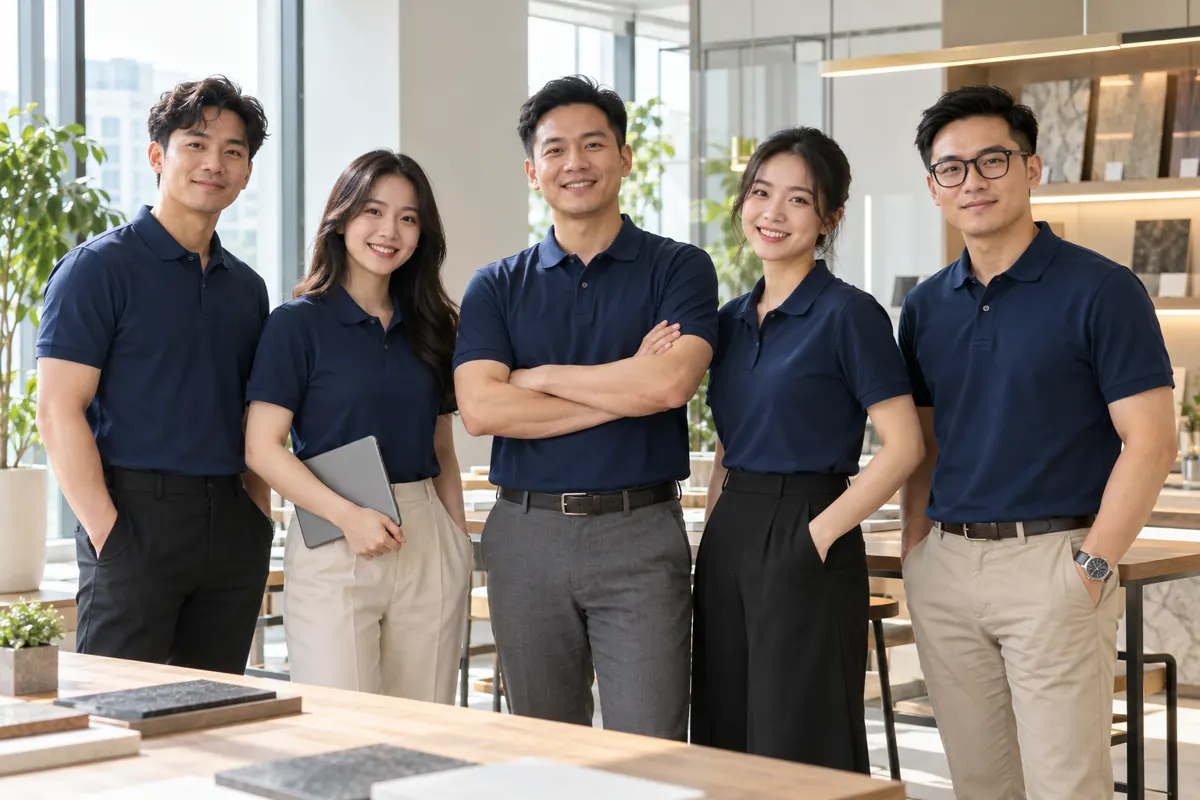 Nhóm nhân viên mặc áo polo đồng phục