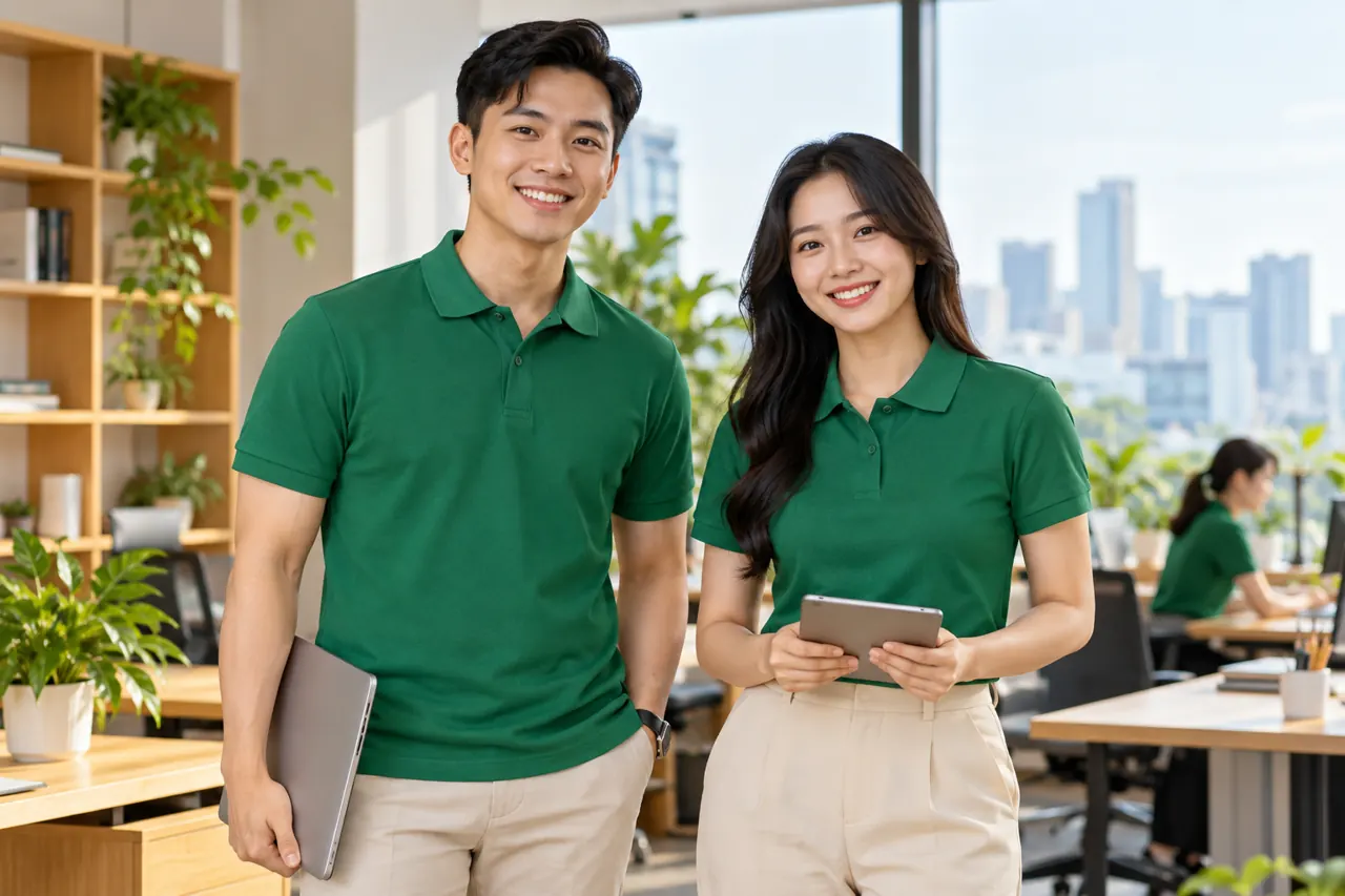 Nhóm nhân viên mặc áo polo xanh lá cùng mẫu