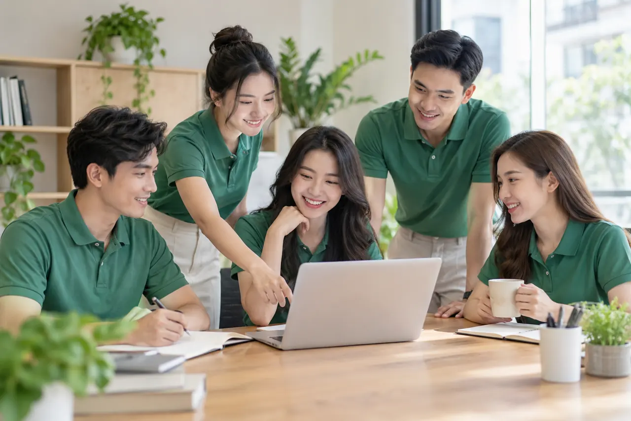 Nhóm nhân viên mặc áo polo xanh lá
