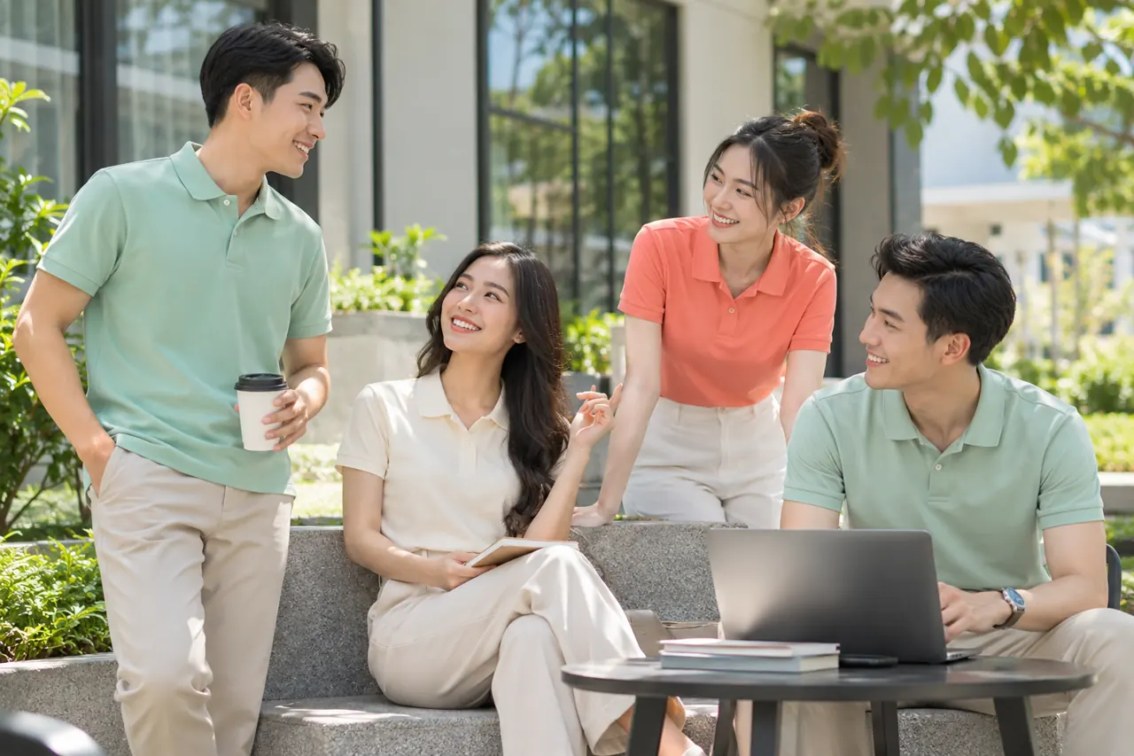 Nhóm nhân viên mặc polo sáng màu ngày hè
