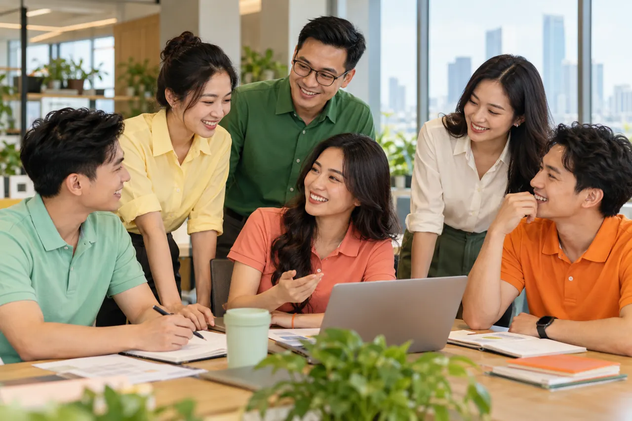 Nhóm nhân viên mặc polo và sơ mi đồng bộ