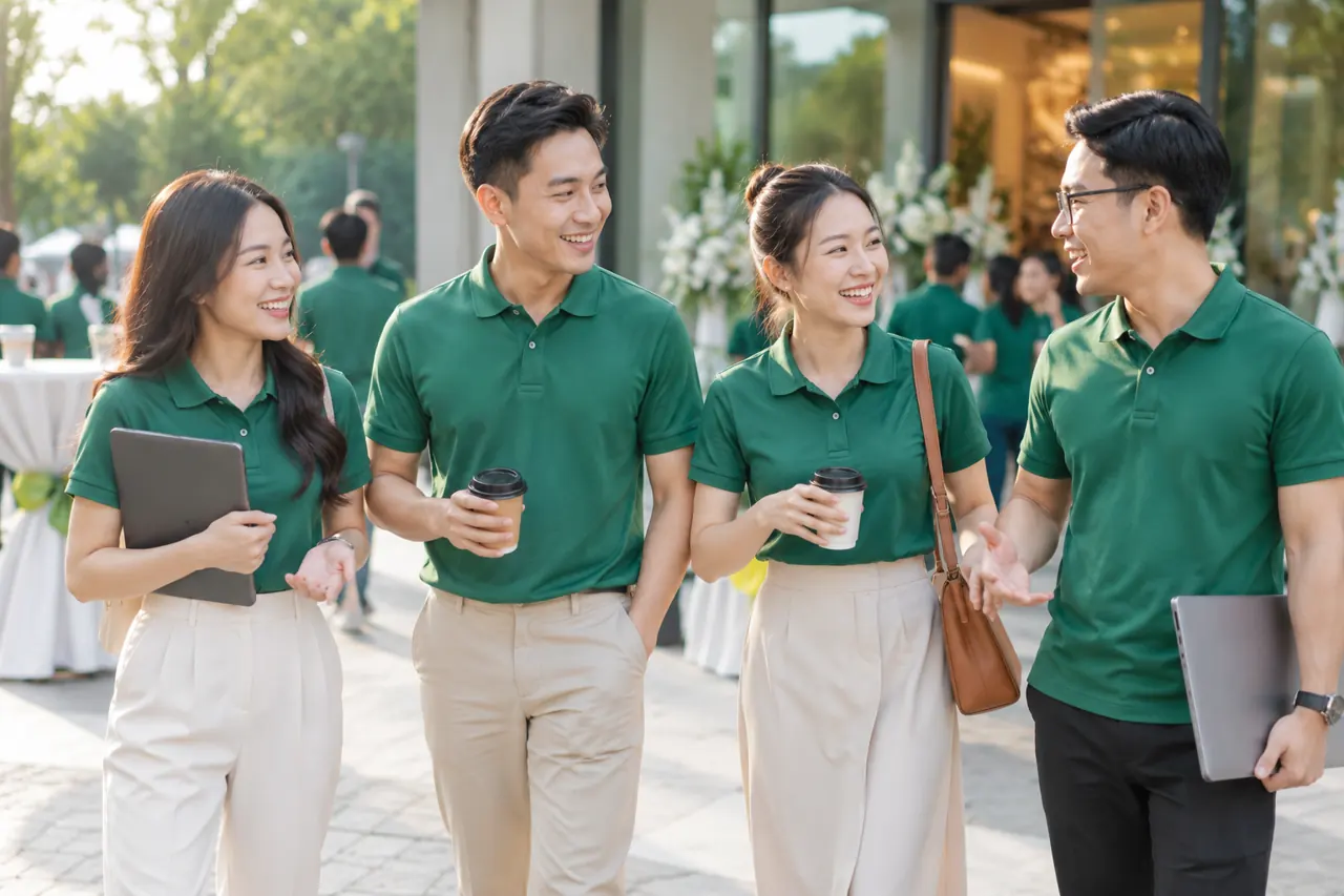 Nhóm nhân viên mặc polo xanh lá sau sự kiện