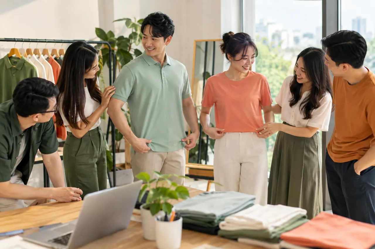 Nhóm nhân viên mặc thử hai form áo
