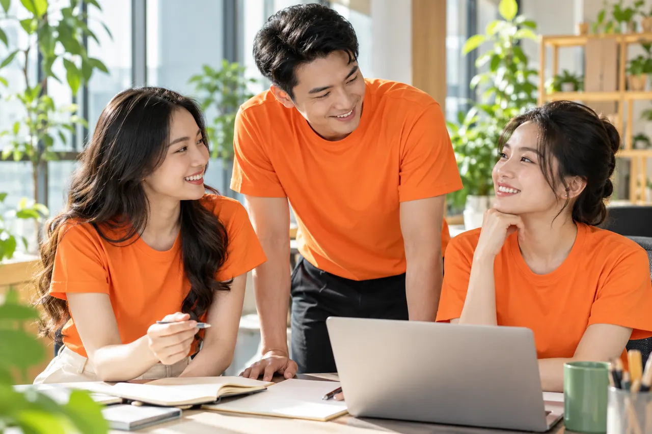 Nhóm nhân viên trong áo thun đồng phục cam
