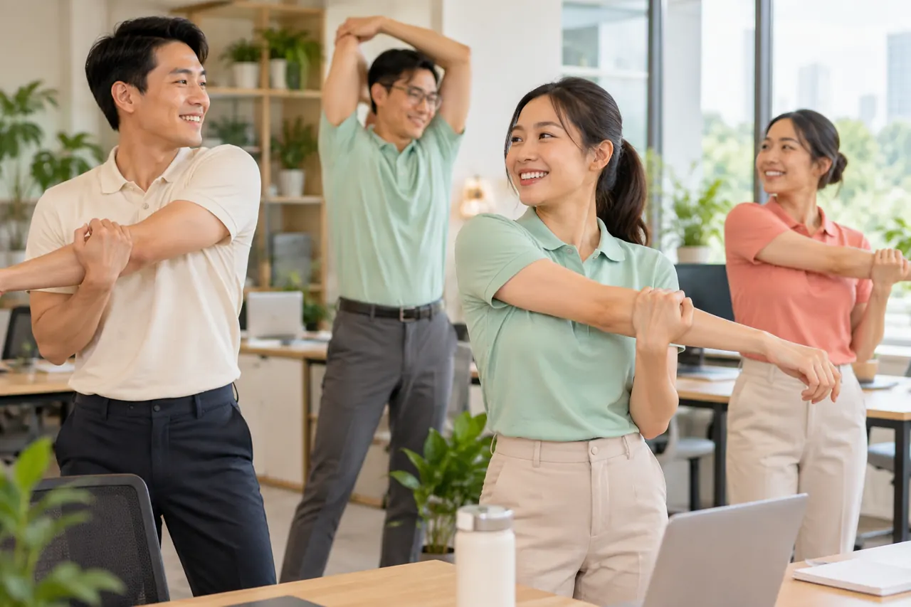Nhóm nhân viên vận động nhẹ trong polo