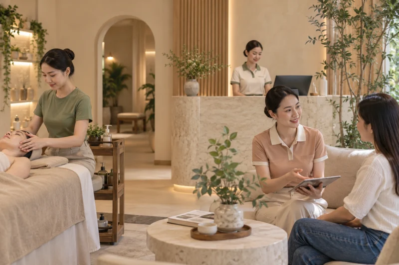 Phối màu đồng phục áo thun spa theo không gian thương hiệu
