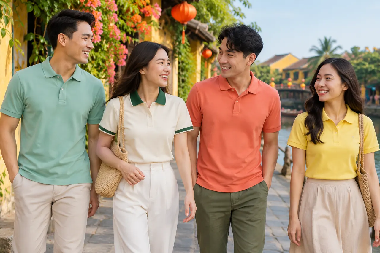Polo màu kem phối cổ xanh lá