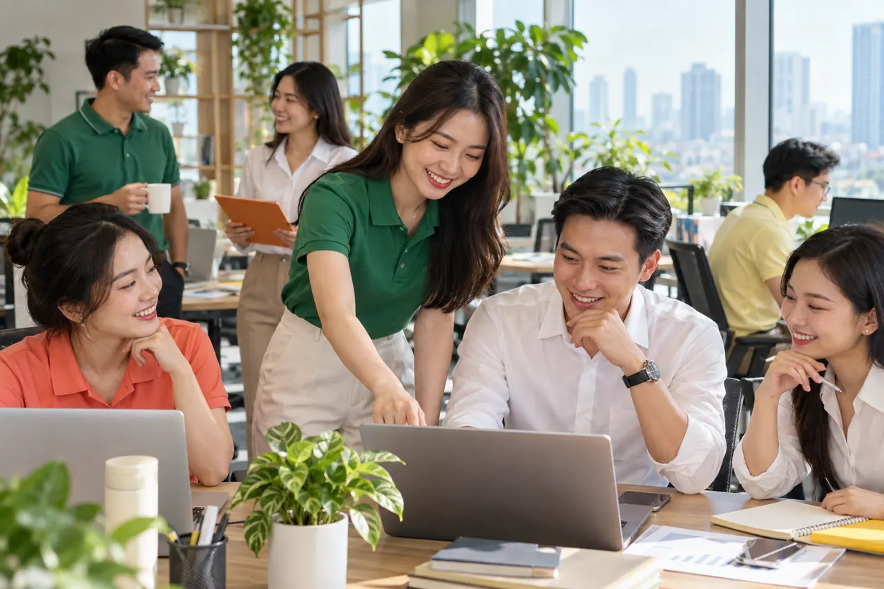 Polo xanh lá và sơ mi trắng trong văn phòng