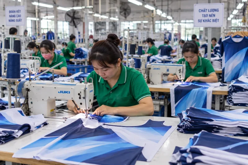 Sản xuất áo mẫu sau khi duyệt mẫu in bán thành phẩm
