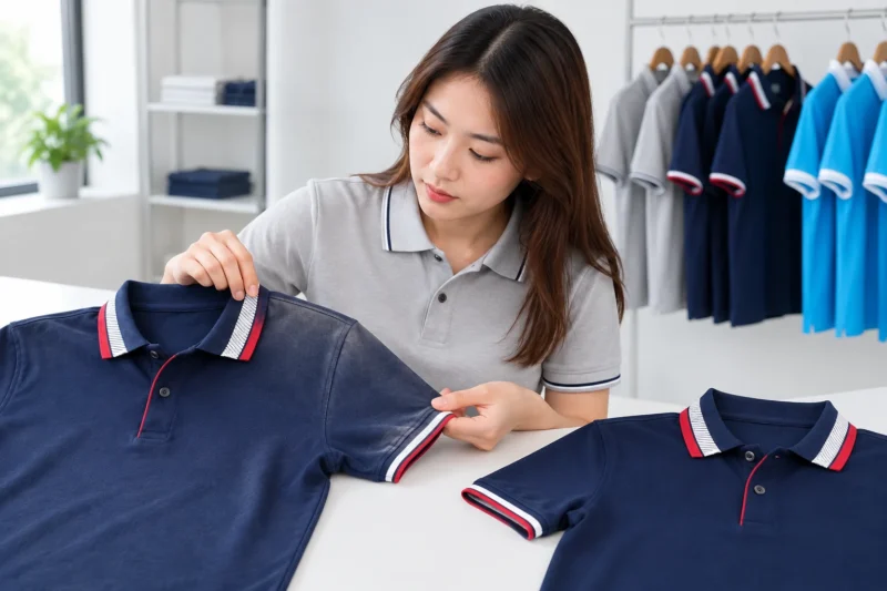 So sánh áo đồng phục bị bạc màu ở vai tay áo và thân áo